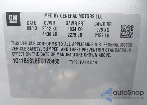 2014 Chevrolet Malibu 1Ls z USA, uszkodzony, nr VIN 1G11B5SL8EU128465